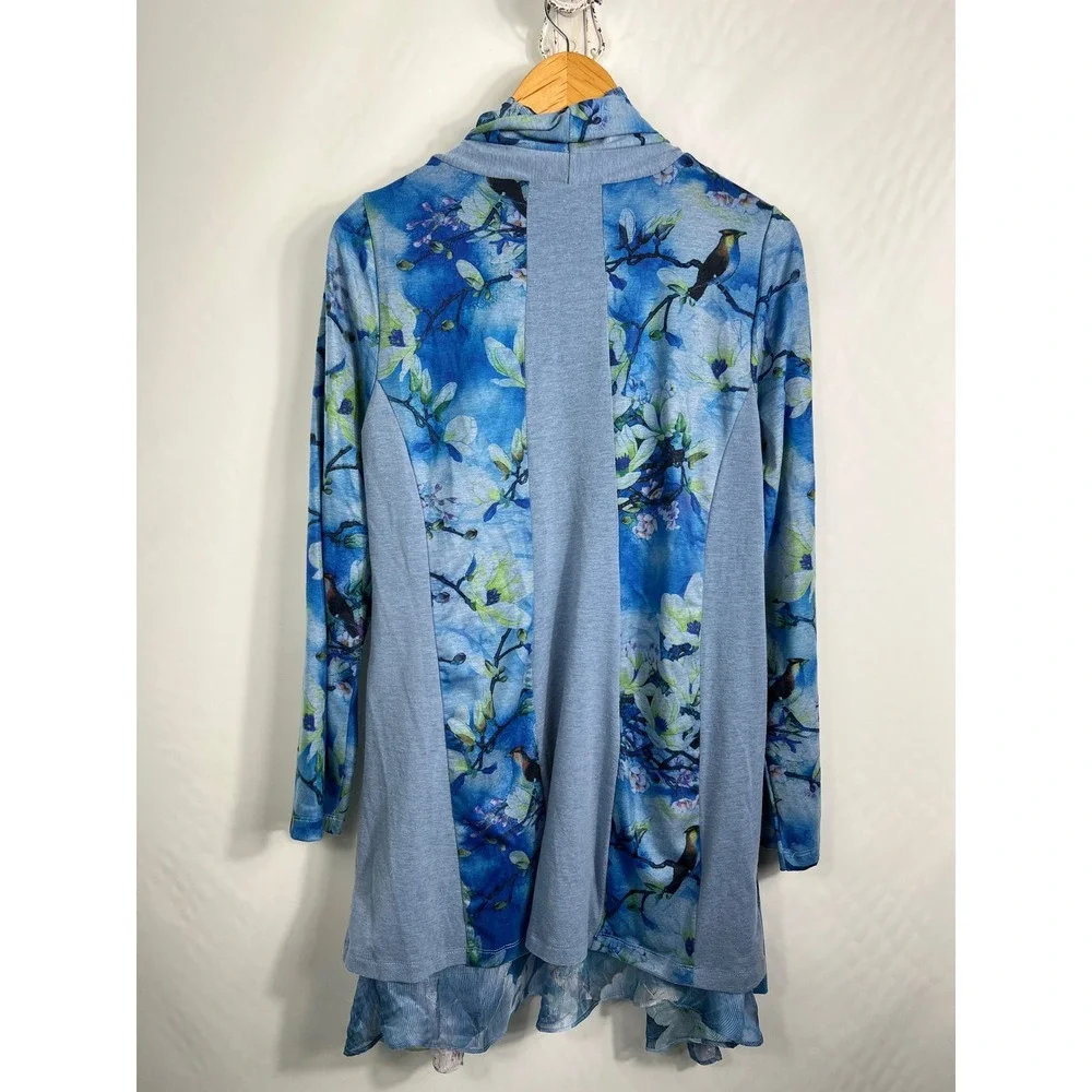 Soft‎ Surroundings Blue Floral Bird Open Front Cardigan Waterfall Hem S 28Z08
